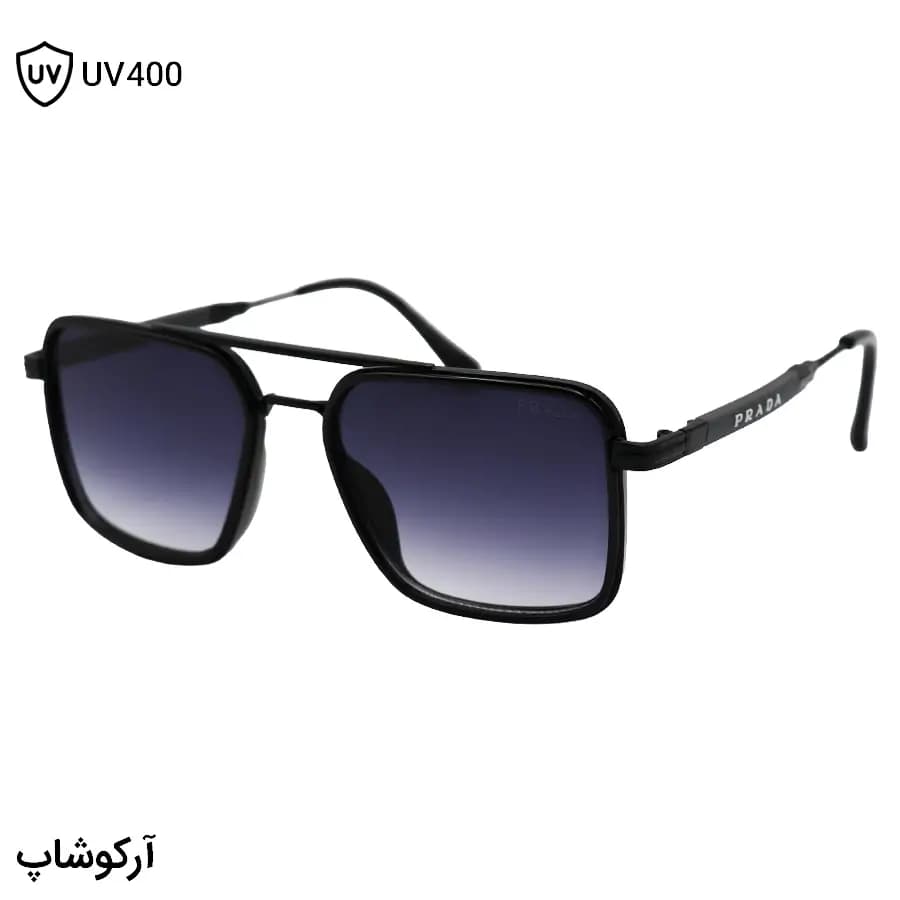 عینک آفتابی Prada با فریم مربعی شکل، رنگ مشکی و نقره‌ای و لنز دودی سایه روشن مدل PR2001 — تصویر ۹