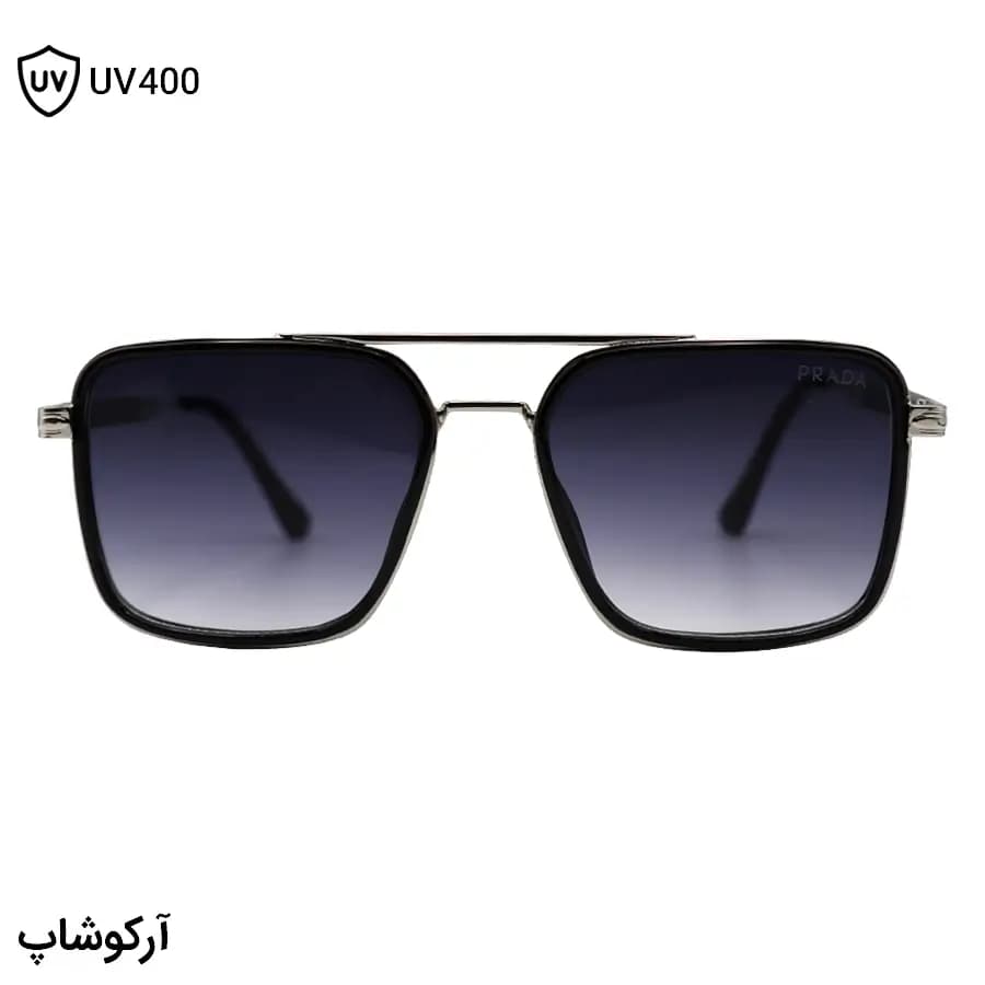 عینک آفتابی Prada با فریم مربعی شکل، رنگ مشکی و نقره‌ای و لنز دودی سایه روشن مدل PR2001 — تصویر ۳