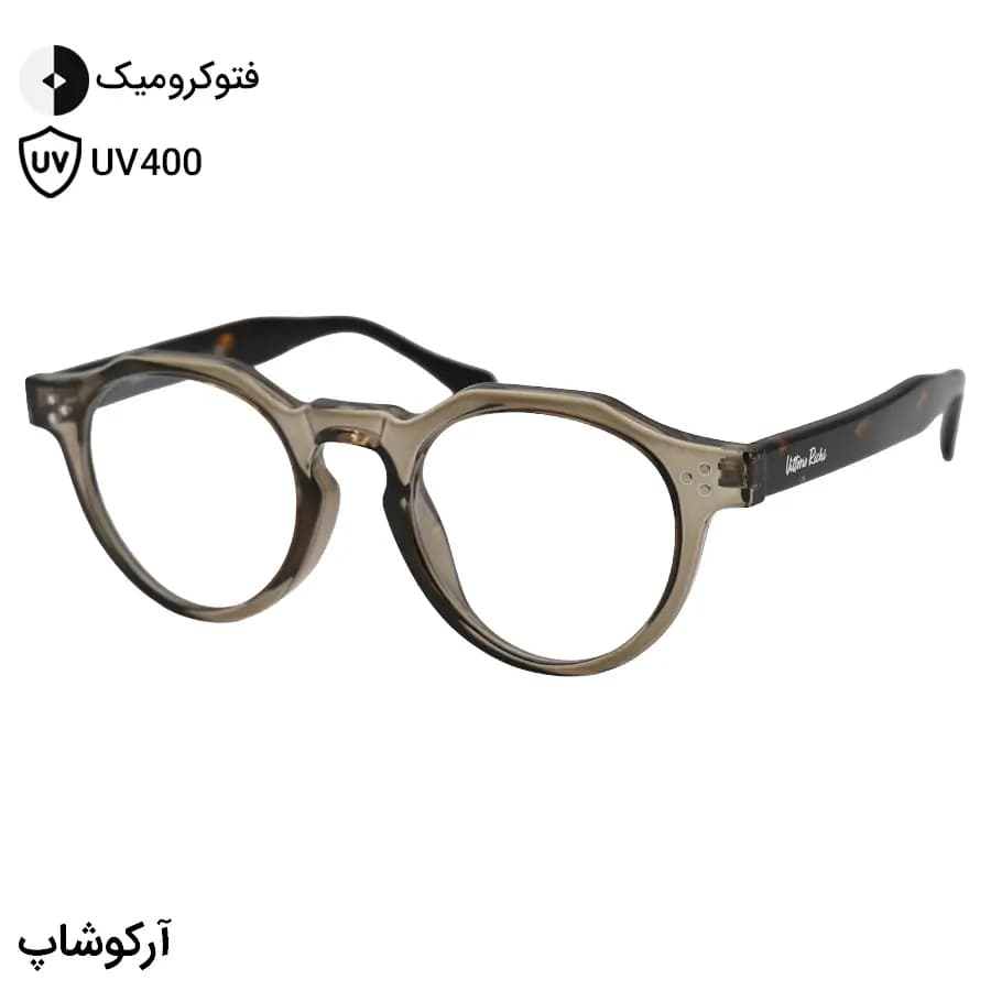 عینک Vittorio Richi با فریم چندضلعی، رنگ طوسی تیره، دسته سیم‌دار، رنگ هاوانا و لنز فتوکرومیک (رنگ ثانویه: سبز) مدل 10459