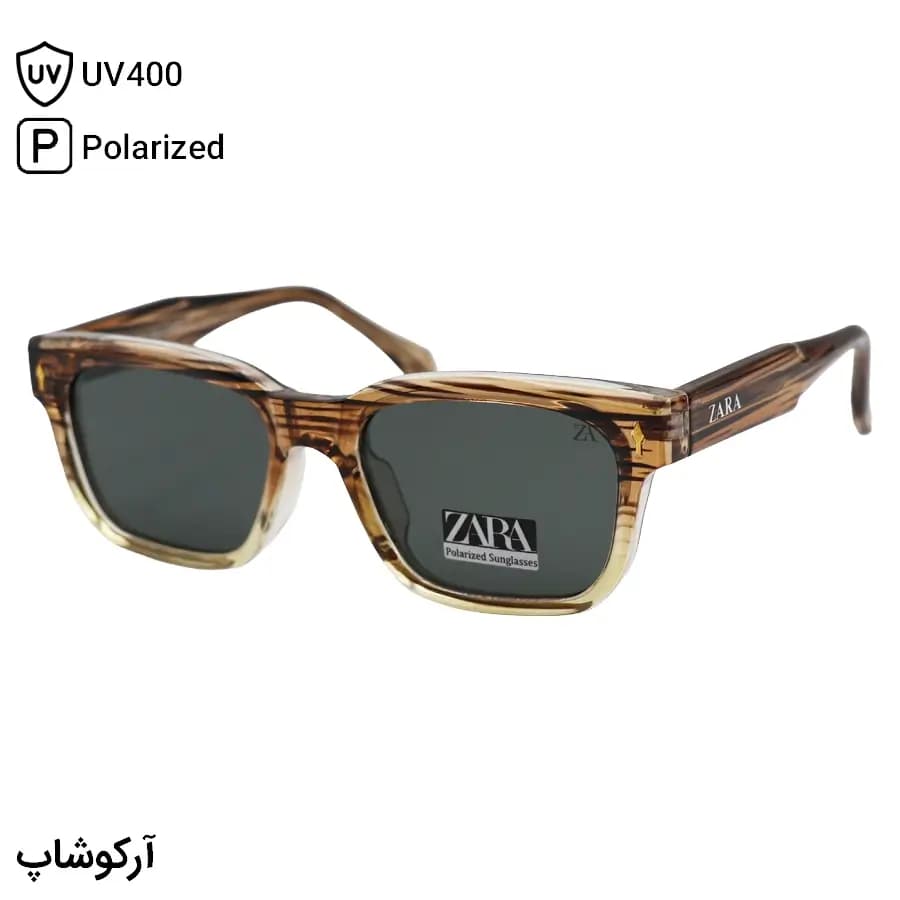 عینک آفتابی ZARA با فریم مستطیلی شکل، رنگ قهوهای براق، دسته سیمدار، عدسی دودی تیره و پلاریزه مدل RN9030