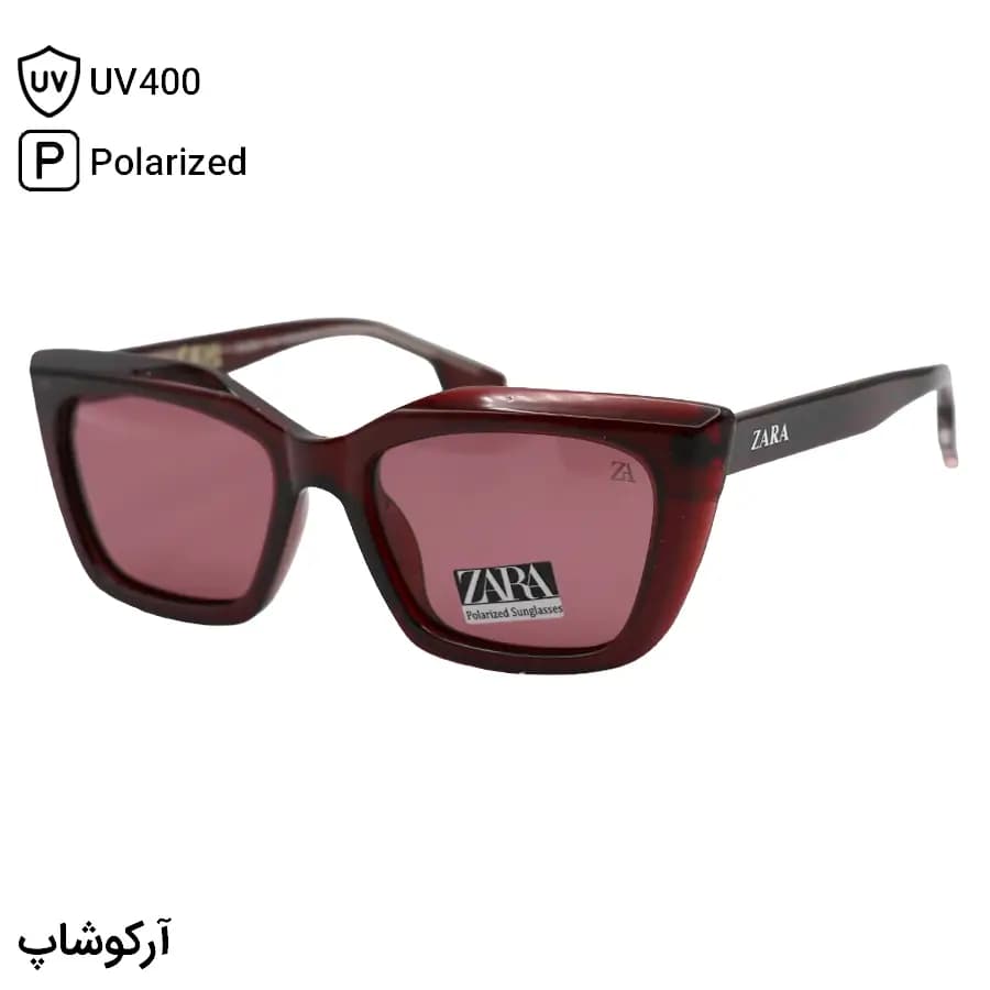 عینک آفتابی زنانه زارا با فریم چشم گربه‌ای، رنگ قرمز براق، دسته سیم‌دار، لنز قرمز تیره و پلاریزه مدل RE3522