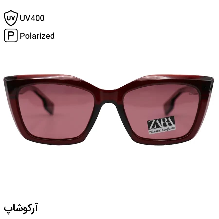 عینک آفتابی زنانه زارا با فریم چشم گربه‌ای، رنگ قرمز براق، دسته سیم‌دار، لنز قرمز تیره و پلاریزه مدل RE3522 — تصویر ۳