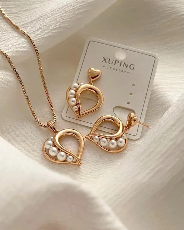 نیم ست قلب و مروارید ژوپینگ (با زنجیر)