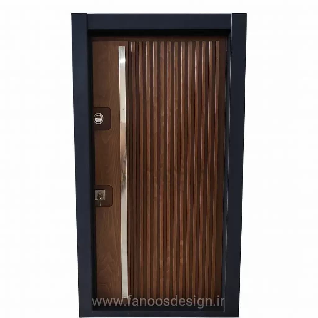 درب ضد سرقت طرح چوب شیار عمودی با فریم مشکی کد 30206