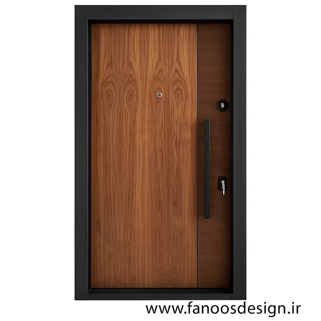 درب ضد سرقت روکش چوب گردویی با قاب مشکی و دستگیره عمودی کد 30188