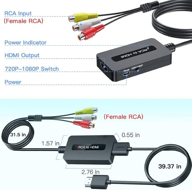 مبدل کابل RCA به HDMI مادگی با کابل‌های HDMI و RCA — تصویر ۵