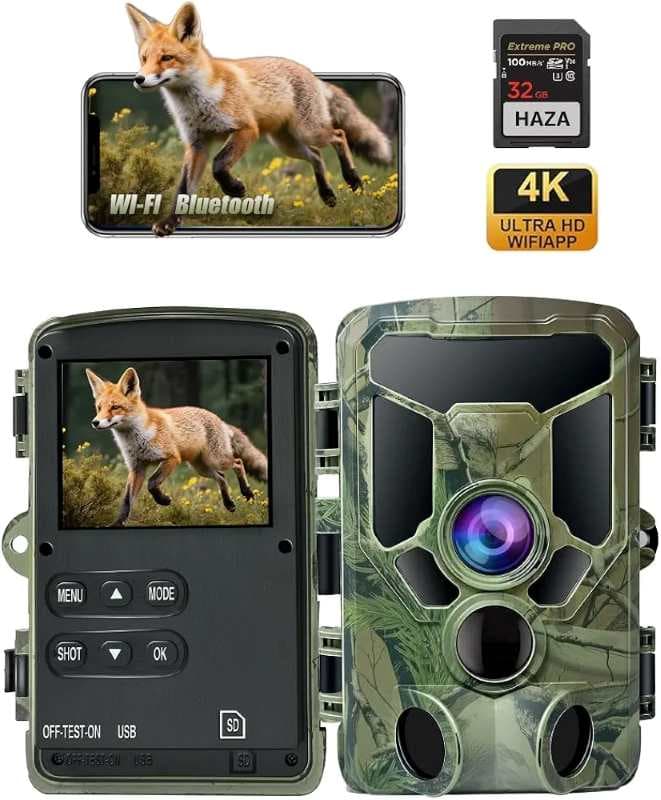 دوربین تله شکار HAZA 4K WLAN مدل PR970 با اپلیکیشن 60 مگاپیکسلی HD با حسگر حرکت دید در شب 940 نانومتر، کارت حافظه 32 گیگابایت ، زاویه دید 120 درجه، ماشه 0.1 ثانیه، IP66