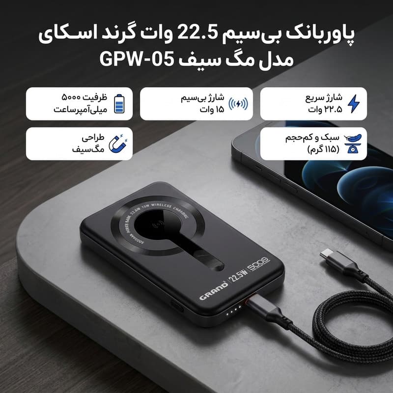 پاوربانک بیسیم 22.5 وات گرند اسکای مدل مگ سیف GPW-05 ظرفیت 5000 میلی آمپرساعت — تصویر ۳