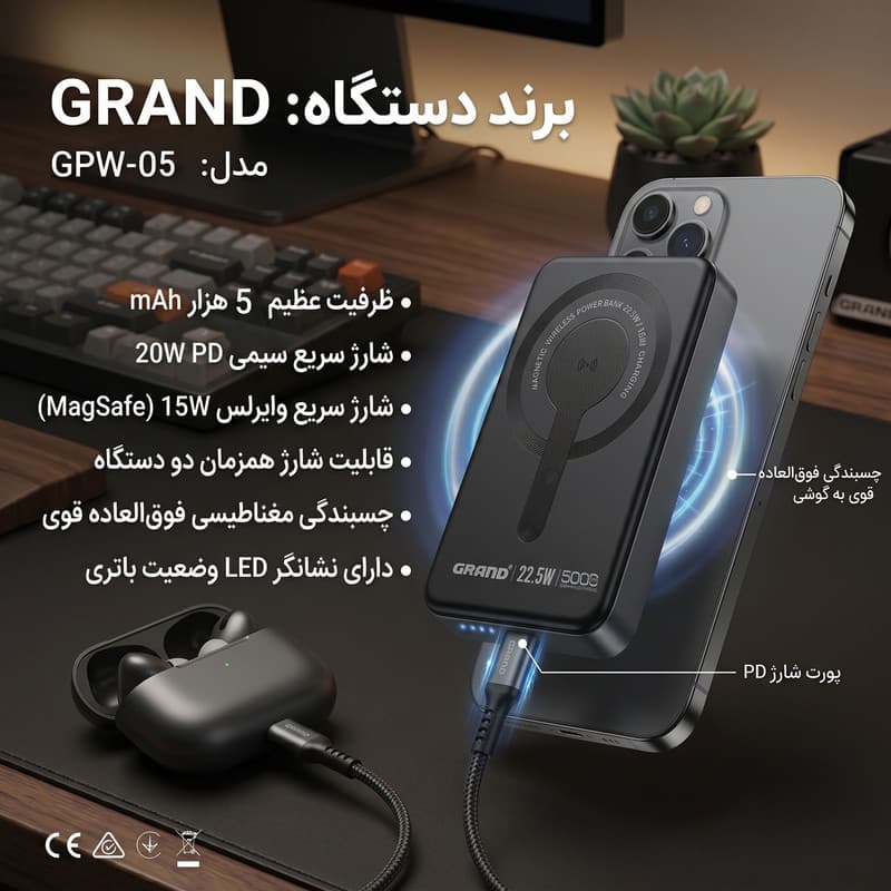 پاوربانک بیسیم 22.5 وات گرند اسکای مدل مگ سیف GPW-05 ظرفیت 5000 میلی آمپرساعت — تصویر ۷