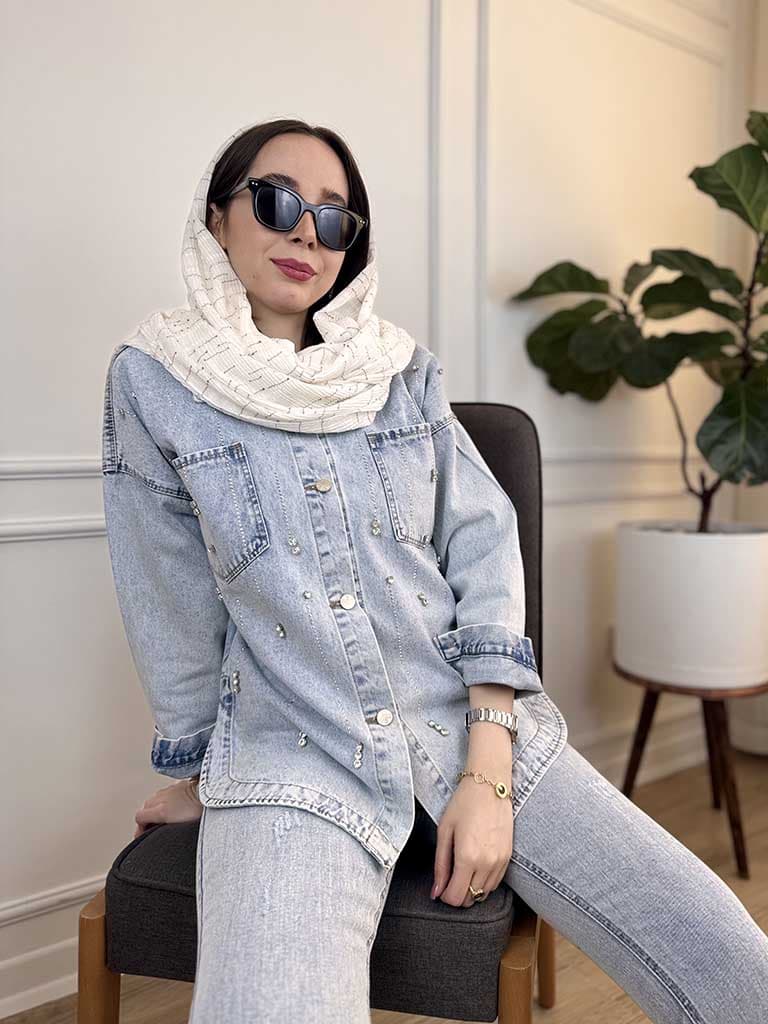 کت جین هلالی نگینی آبشاری آبی تینت