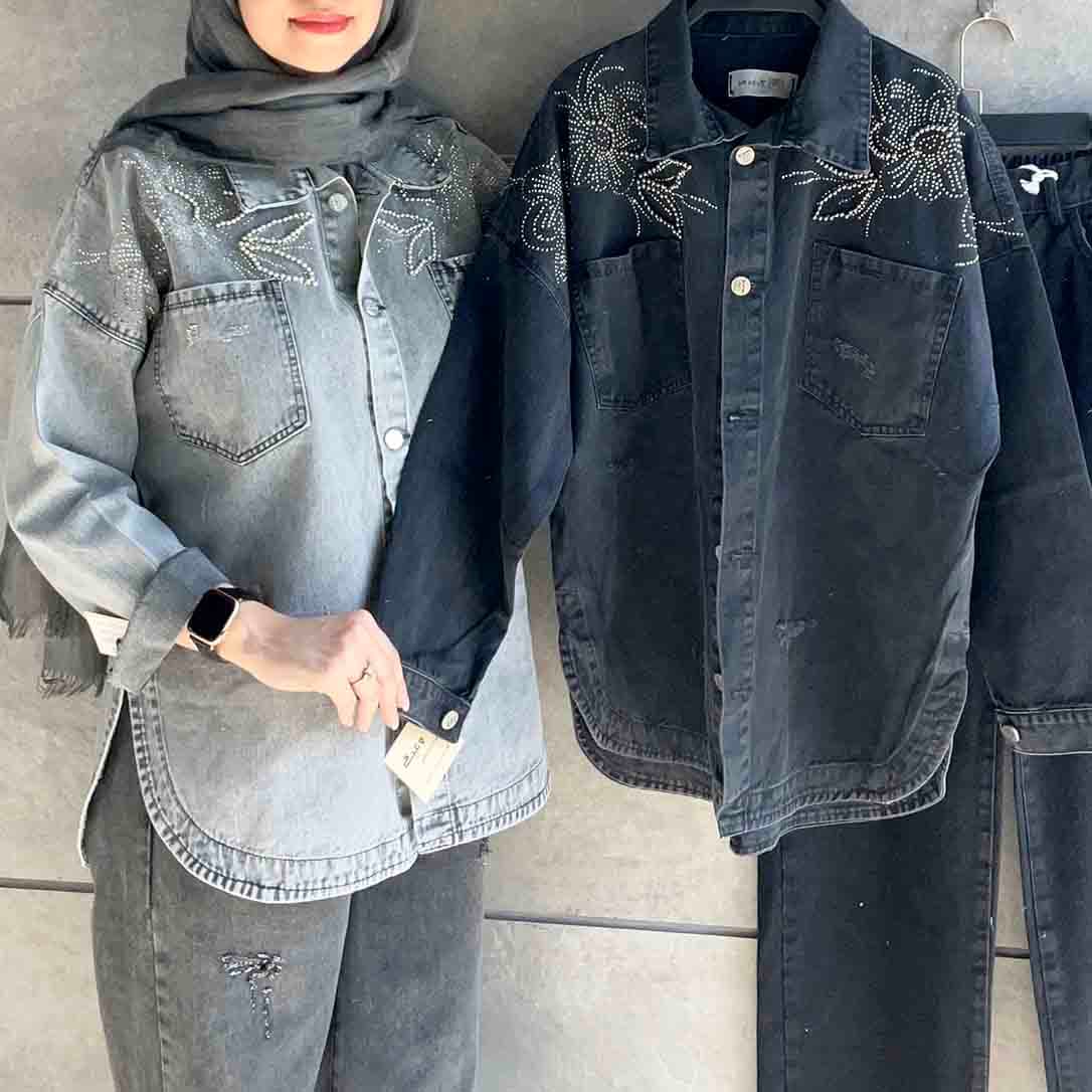 کت جین هلالی نگینی سرشانه گل کد 505028