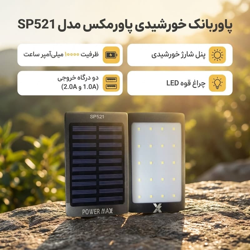 پاوربانک خورشیدی پاورمکس مدل SP521 ظرفیت 10000 میلی آمپر ساعت — تصویر ۳