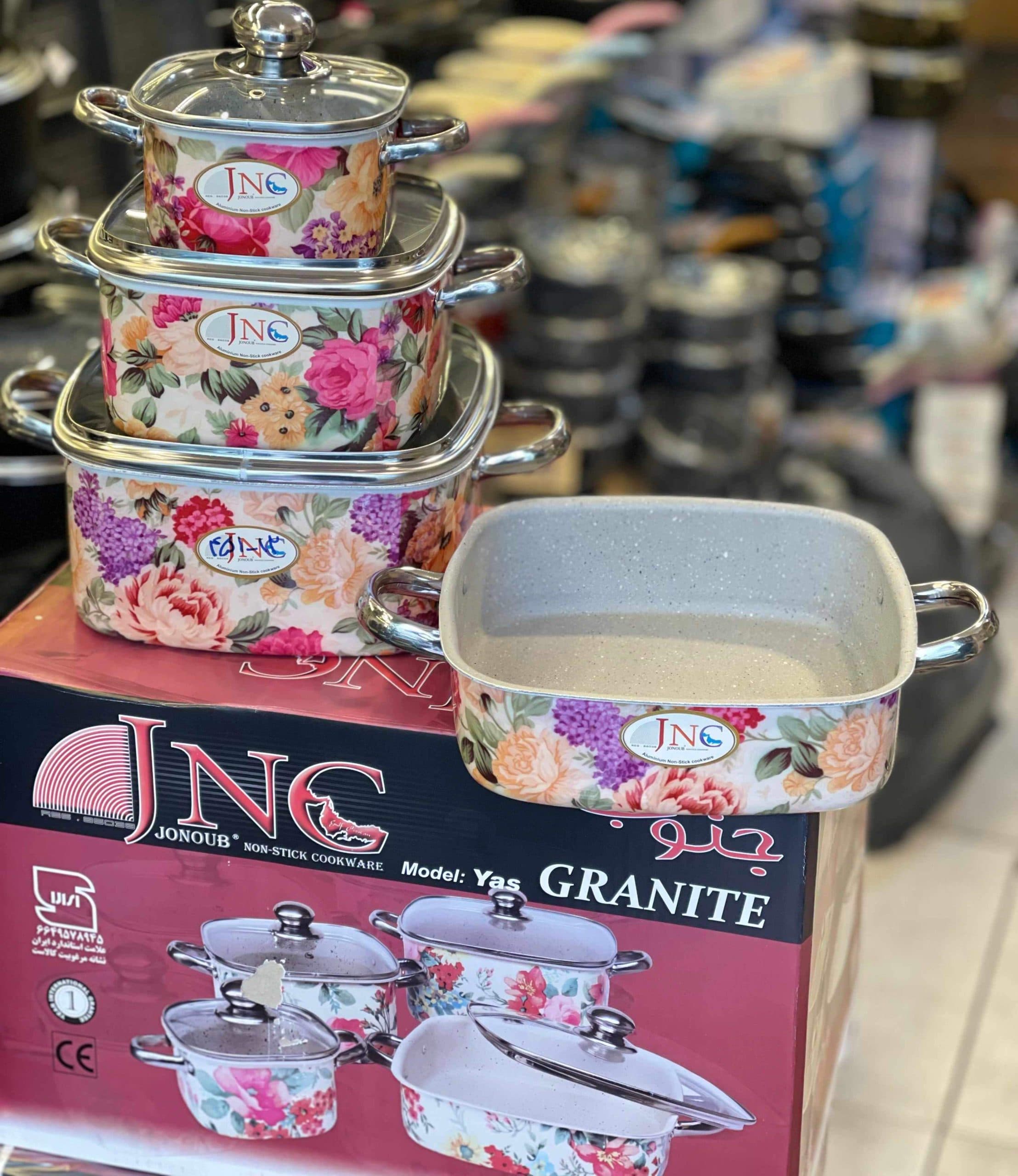 سرویس قابلمه 7 پارچه مربع JNC تفلون جنوب گرانیتی طرح گل 3