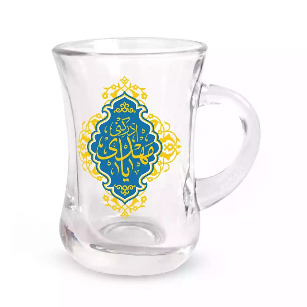 استکان کمرباریک نیمه شعبان دسته دار 6 عددی یا مهدی ادرکنی زمینه آبی کد 1369