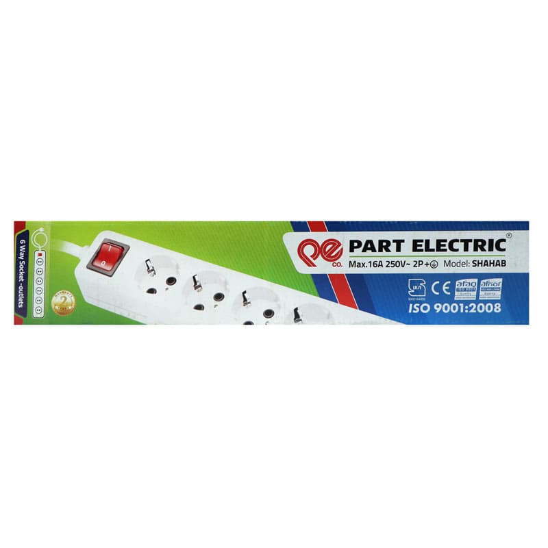 چندراهی برق پارت الکتریک مدل PE658 ظرفیت ۶ عدد با کابل ۳ متری ارت دار