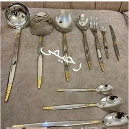 سرویس قاشق و چنگال 24 نفره 120 پارچه نیمه طلایی یونیک دهانه اروپایی نقره ای طلایی توت فرنگی بی چمدون قاشق چنگال — تصویر ۴