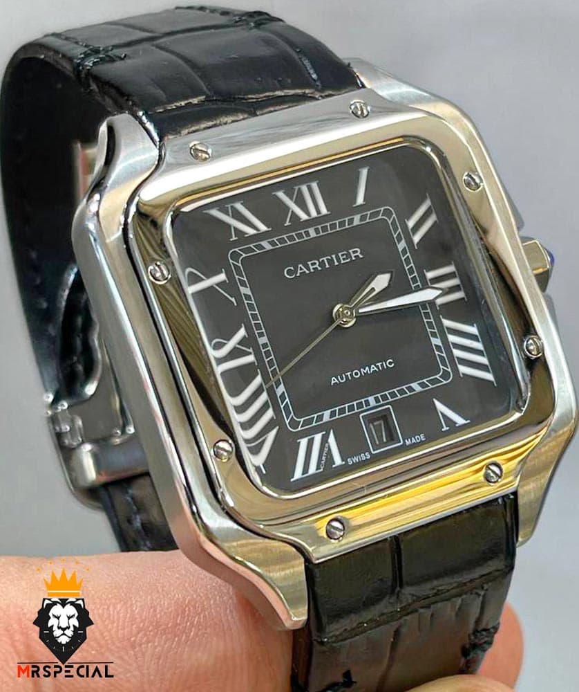 ساعت مردانه کارتیه دسانتوس اتوماتیک بند چرم صفحه مشکی 01792 Cartier Santos de — تصویر ۲