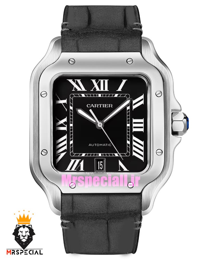 ساعت مردانه کارتیه دسانتوس اتوماتیک بند چرم صفحه مشکی 01792 Cartier Santos de