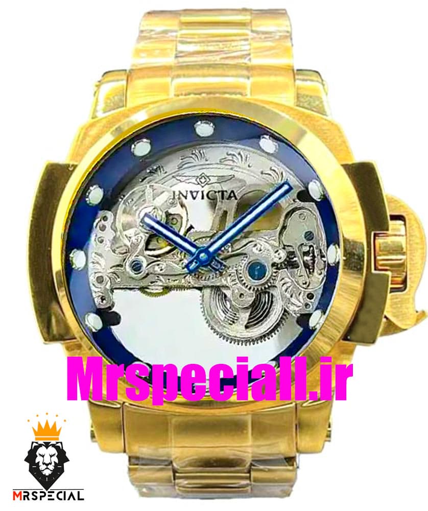 ساعت اینویکتا مردانه اتوماتیک طلایی صفحه شیشه ای اسکلتون زه ابی 01658 INVICTA Automatic