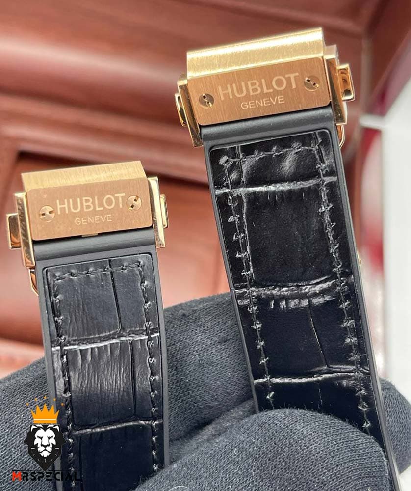 ساعت ست مردانه و زنانه هابلوت اتوماتیک بند مشکی قاب رزگلد صفحه مشکی HUBLOT BIG BANG 01619 — تصویر ۵