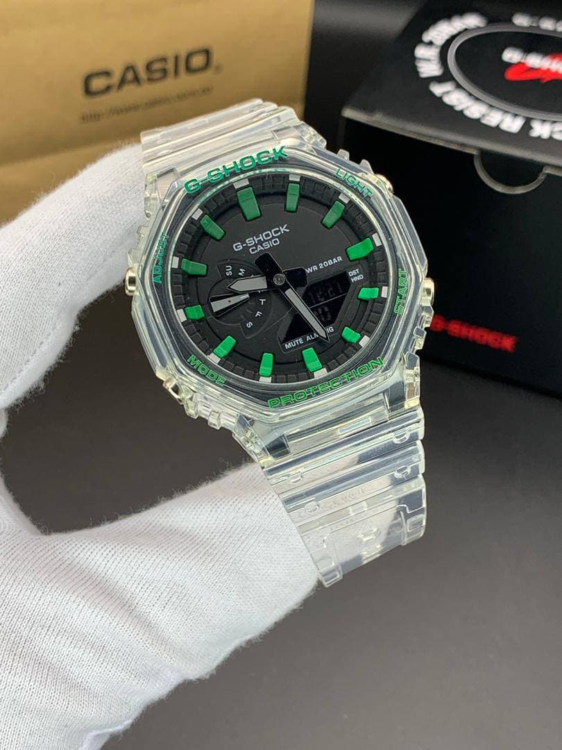 ساعت مچی کاسیو جیشاک مدل GA-2100 صفحه مشکی/ سبز بند شفاف