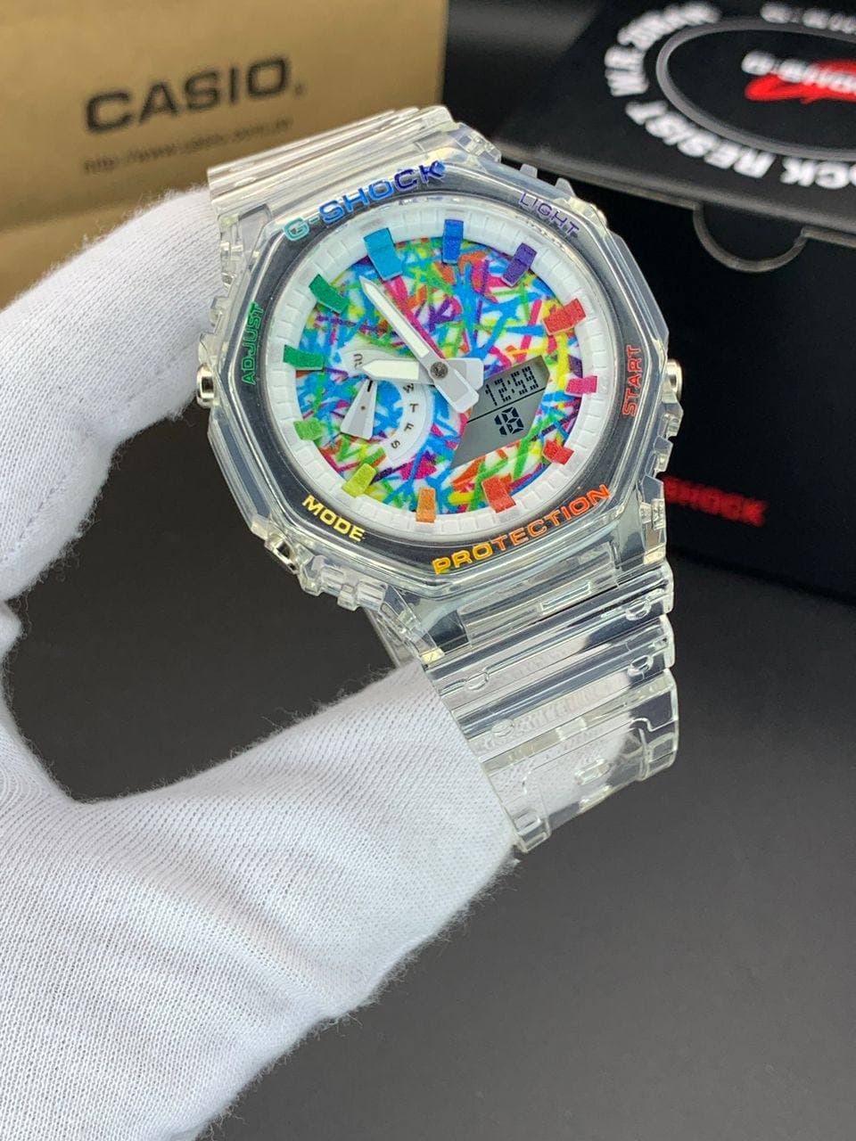 ساعت مچی کاسیو جیشاک مدل GA-2100 صفحه طرح رنگی بند شفاف