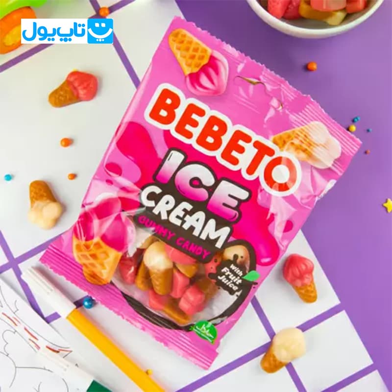 پاستیل ژله ای ببتو Bebeto طرح بستنی قیفی طعم میوه ای بسته 80 گرمی — تصویر ۳
