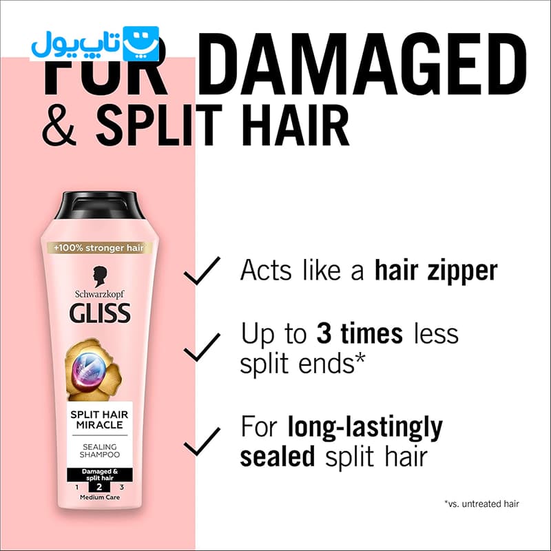 شامپو ترمیم‌کننده مو گلیس Gliss مدل Split Hair Miracle مناسب موهای آسیب دیده و دارای موخوره حجم 400 میلی‌لیتر — تصویر ۳