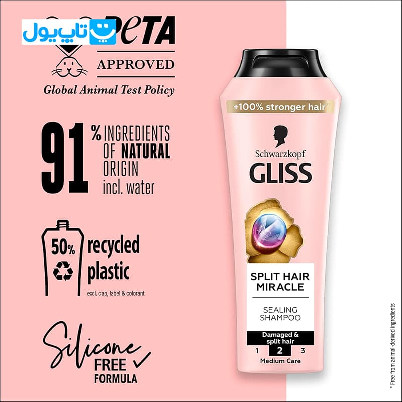 شامپو ترمیم‌کننده مو گلیس Gliss مدل Split Hair Miracle مناسب موهای آسیب دیده و دارای موخوره حجم 400 میلی‌لیتر — تصویر ۴