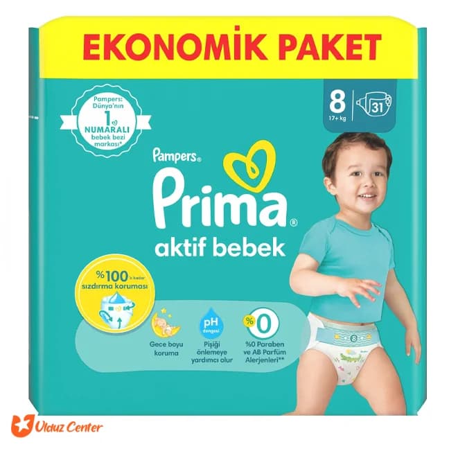 پوشک کودک پمپرز پریما چسبی ترک مدل Aktif Bebek سایز 8 بسته 31 عددی