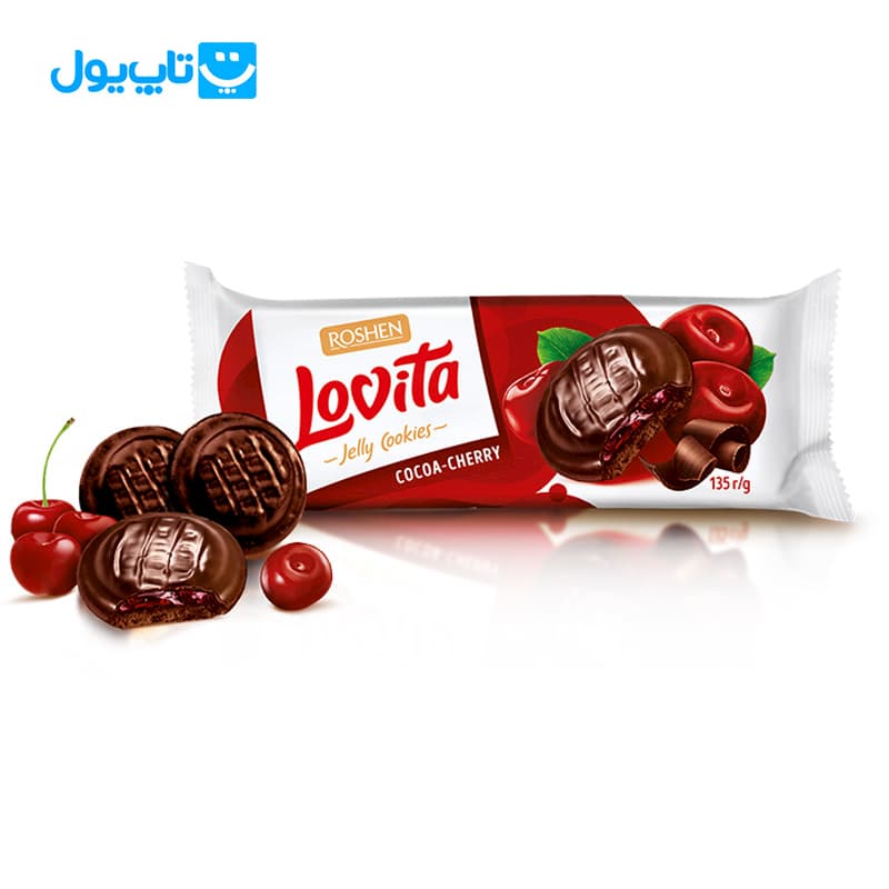 کوکی ژله‌ای روشن Roshen مدل Lovita لاویتا با طعم آلبالو و روکش شکلات وزن 135 گرم