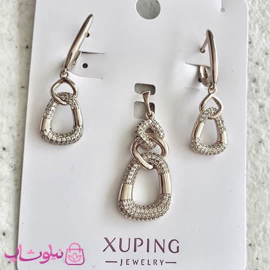 ست پلاک و گوشواره زنانه ژوپینگ نقره ای رنگ نگیندار کد 899