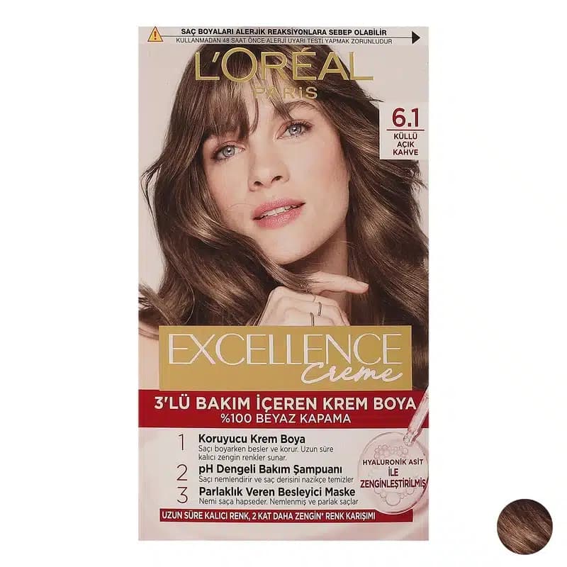 کیت رنگ مو لورال شماره 6.1 رنگ قهوه ای روشن loreal excellence