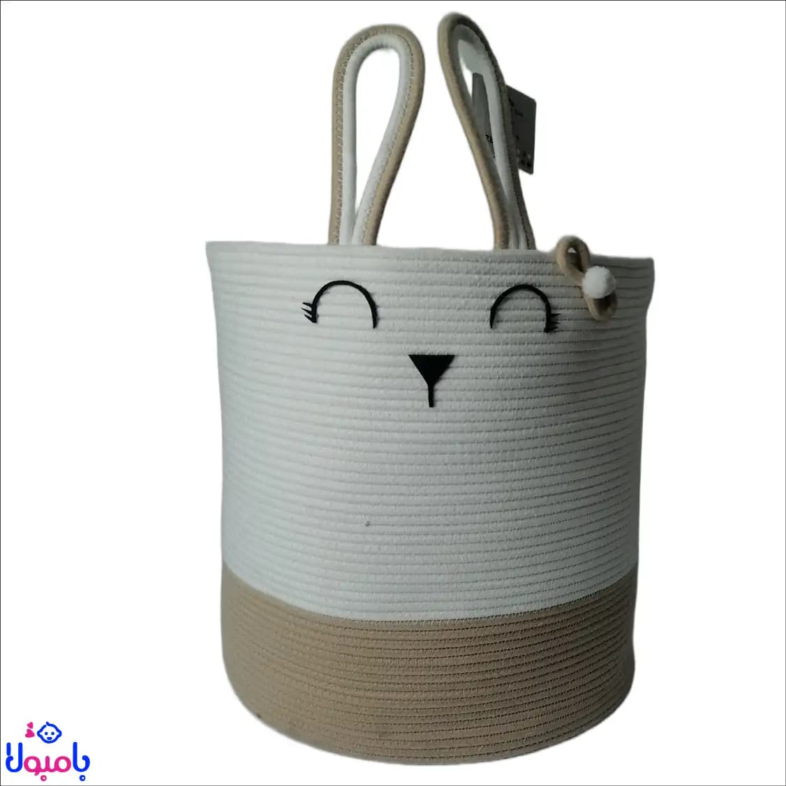 سبد استوانه ای قیطونی اتاق کودک طرح خرگوش کرم 37*40 سانتی متر