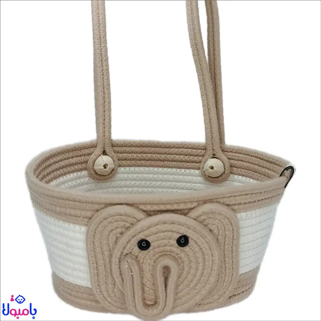 سبد قیطان‌ دوزی کنار تخت نوزاد طرح فیل کرم 10*25 سانتی متر