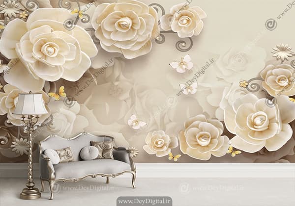 کاغذ دیواری گل سه بعدی رنگ کرم WA-2842