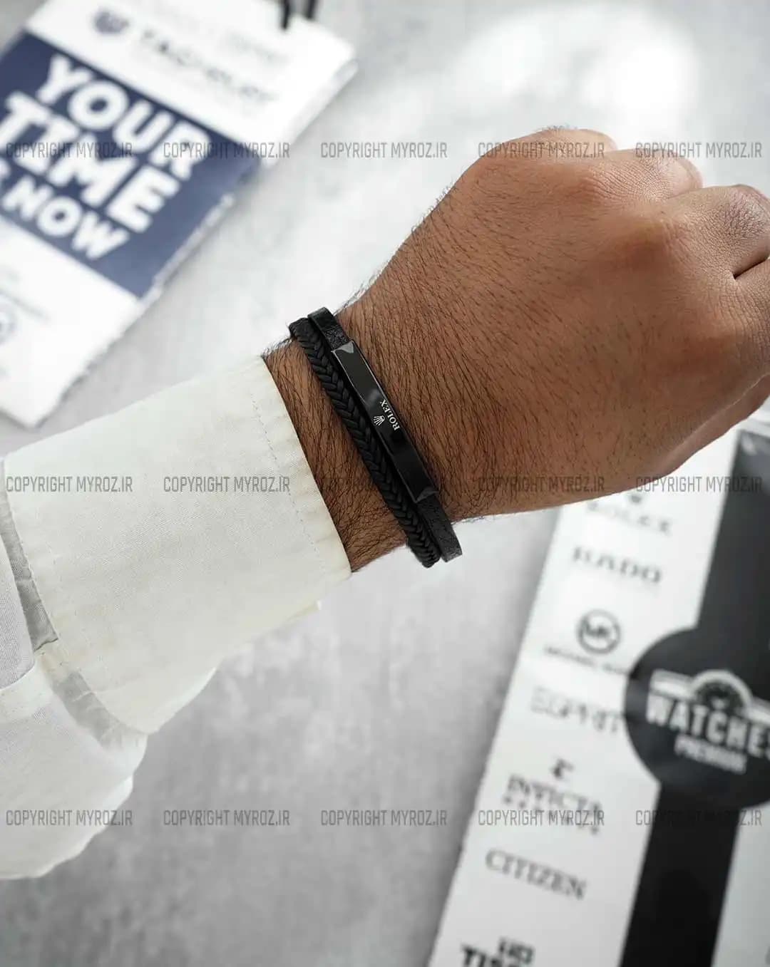 دستبند دولاینه چرم مردانه مدل رولکس ROLEX کد 2354 — تصویر ۳
