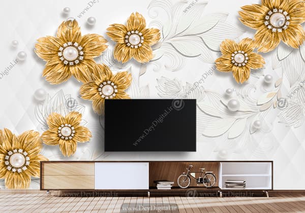 کاغذ دیواری سه بعدی طرح گل طلایی برای پشت تی وی WAs-2846