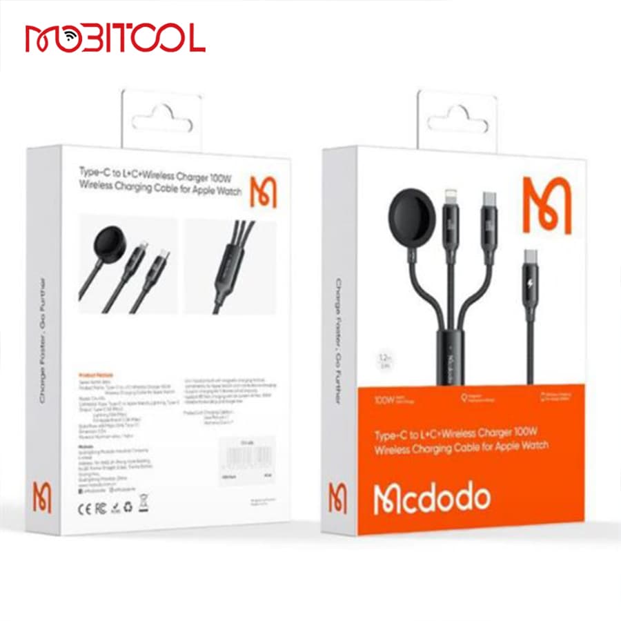 کابل شارژ 3 کاره 100 واتی اپل واچ،لایتنینگ و تایپ سی مک دودو MCDODO CA-4940 1.2m — تصویر ۸
