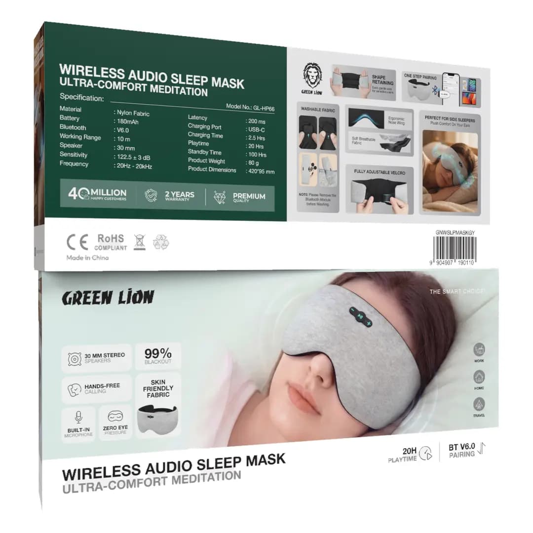 ماسک خواب هوشمند گرین لاین با اسپیکر بی‌سیم مدل GNWSLPMASKGY — تصویر ۳