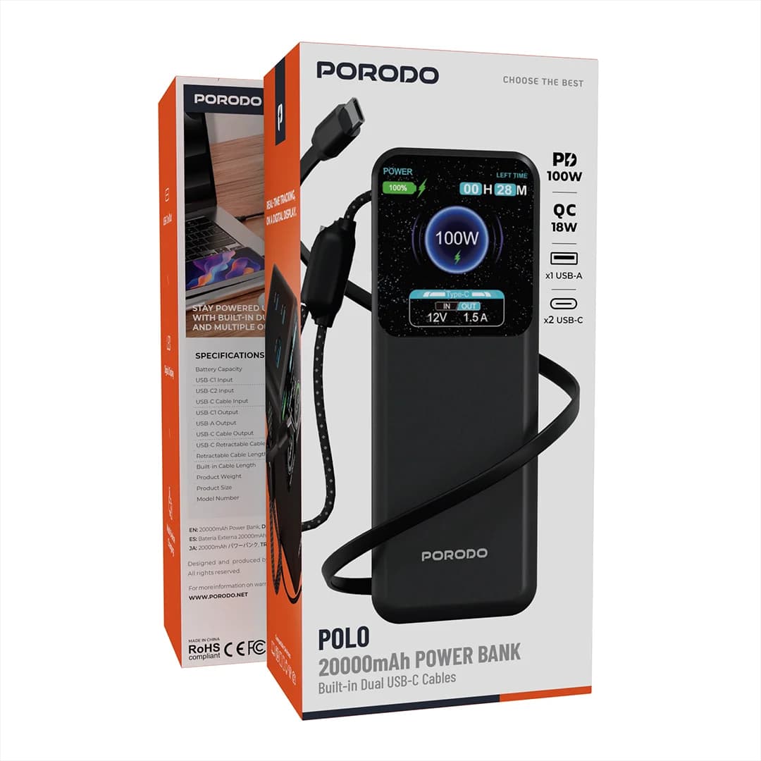 پاوربانک پرودو پولو X 20000 میلی‌آمپر با دو کابل USB-C داخلی مدل PDPBFCH0100BK — تصویر ۷