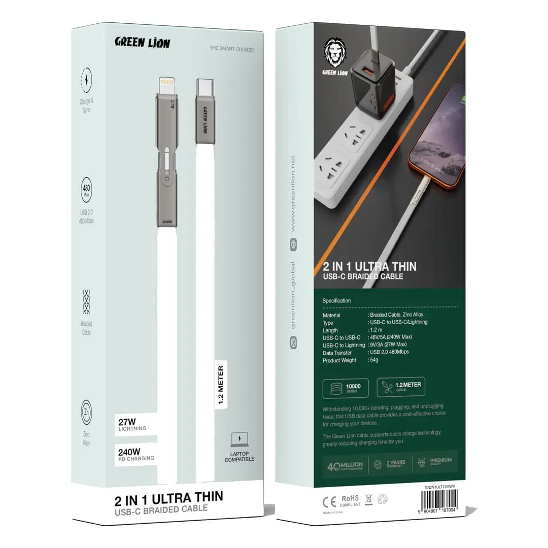 کابل شارژ سریع 2 در 1 گرین لاین USB-C مدل GN2N1ULT12MWH — تصویر ۳