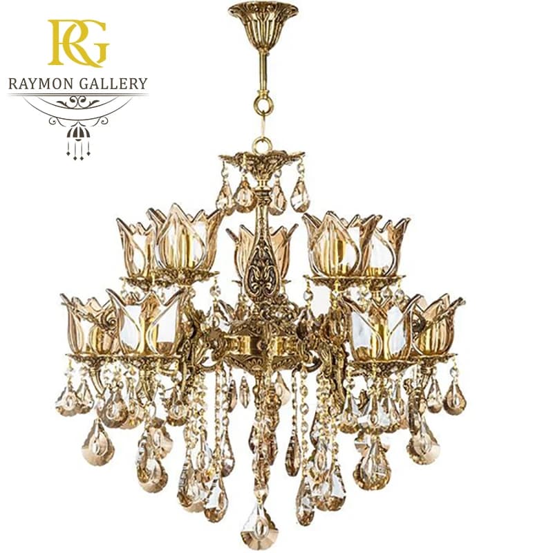 لوستر برنزی 10 شعله کریستال کد B10232 — تصویر ۲