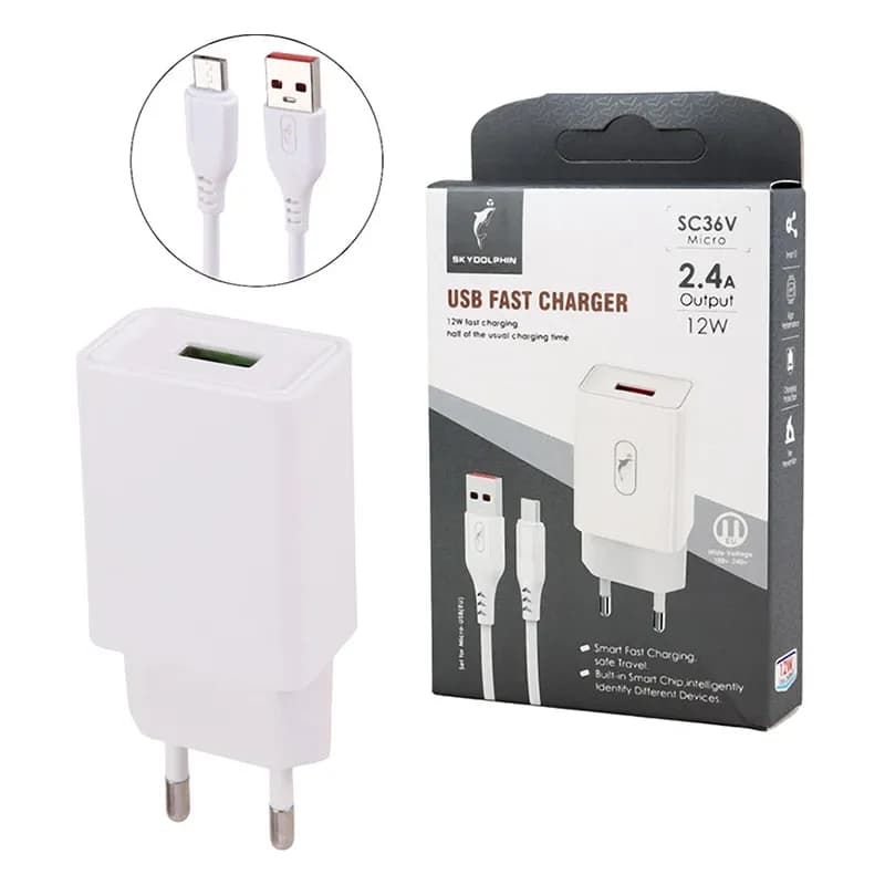 شارژر دیواری 12 وات 2.4A اسکای دلفین مدل SC36V + کابل میکرو — تصویر ۴