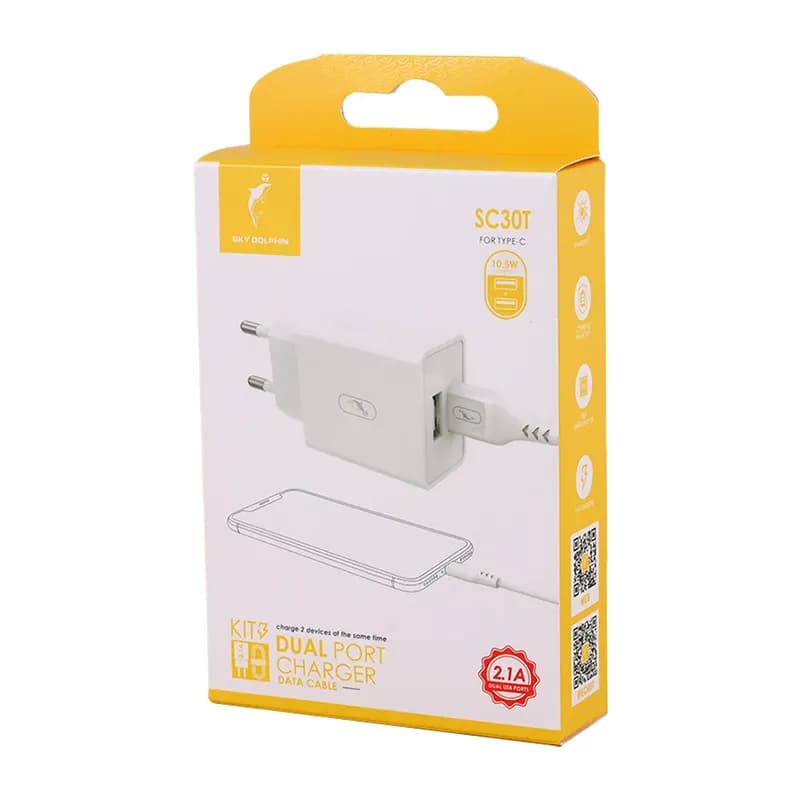 شارژر دیواری 10.5 وات 2.1A اسکای دلفین مدل SC30T + کابل تایپ سی — تصویر ۴