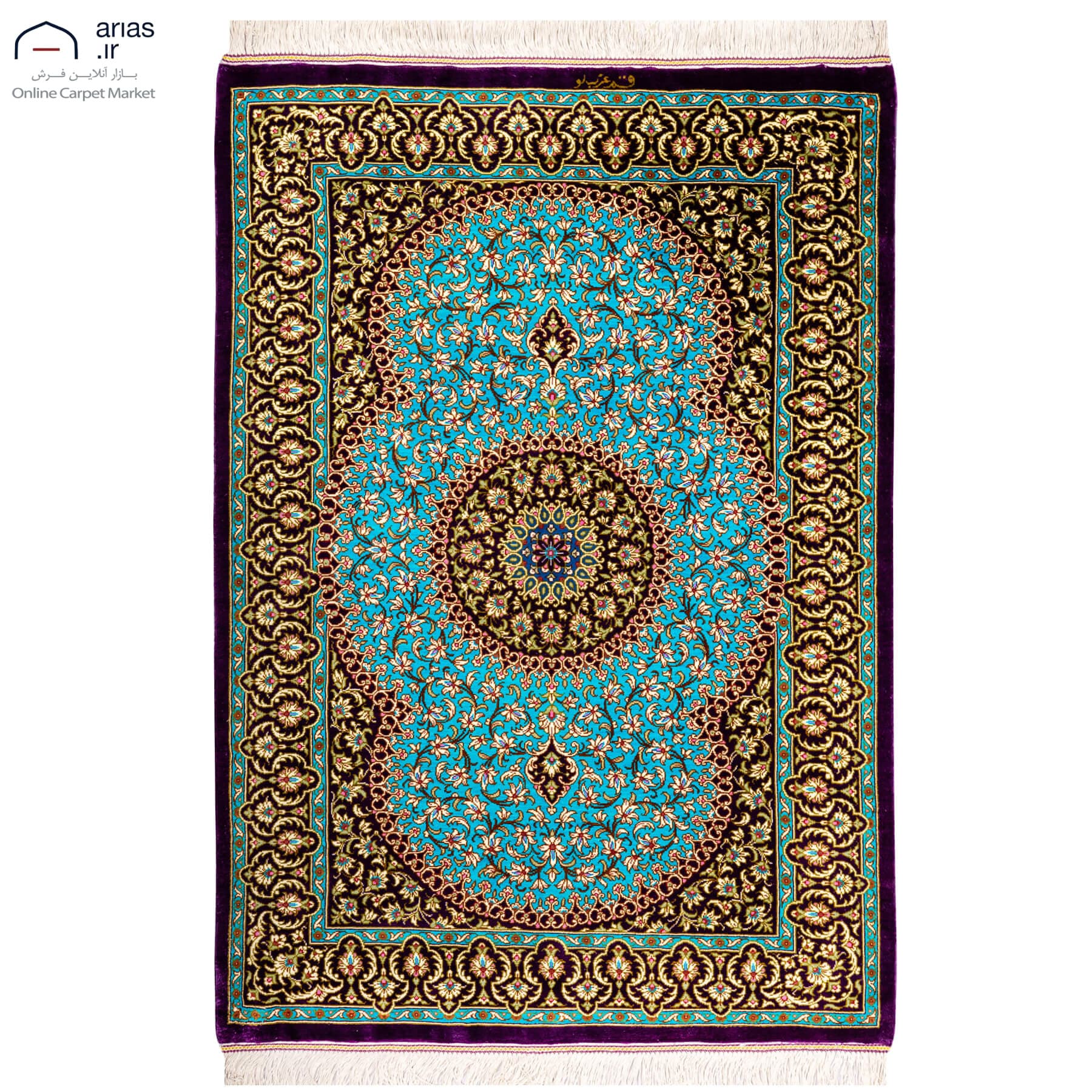 فرش دستباف ۶۰ در ۹۰ تمام ابریشم طرح لچک ترنج مارک عربلو کد D02628G