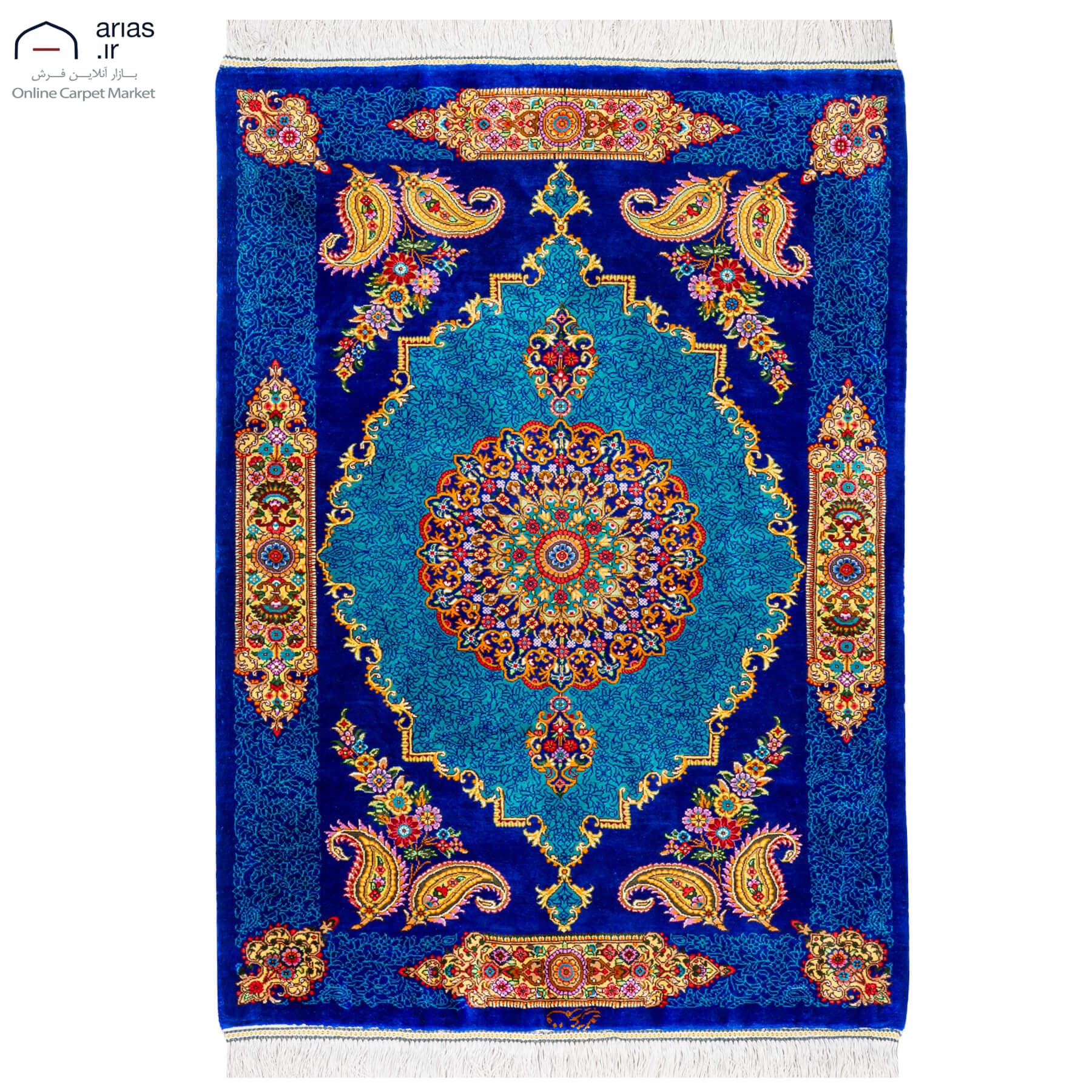 فرش دستباف ۶۰ در ۹۰ تمام ابریشم طرح لچک ترنج زمینه آبی مارک عربلو کد D02629G
