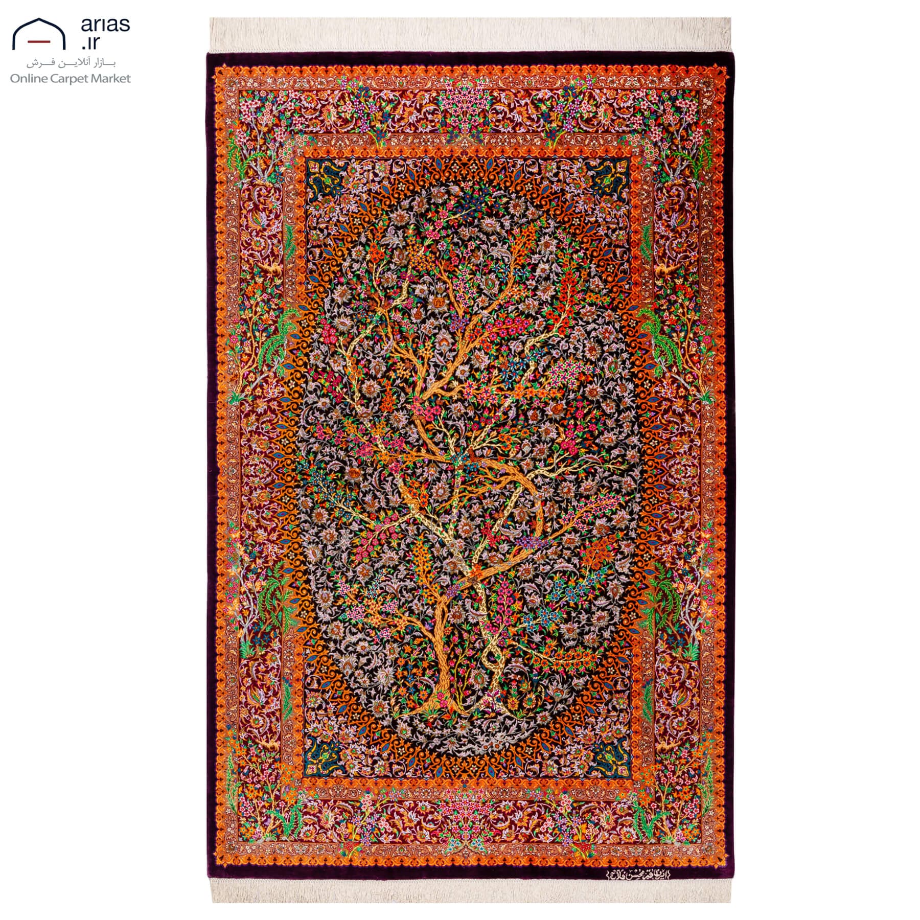 فرش دستباف ذرع و نیم تمام ابریشم طرح درختی مارک فلاح قم کد D02610G