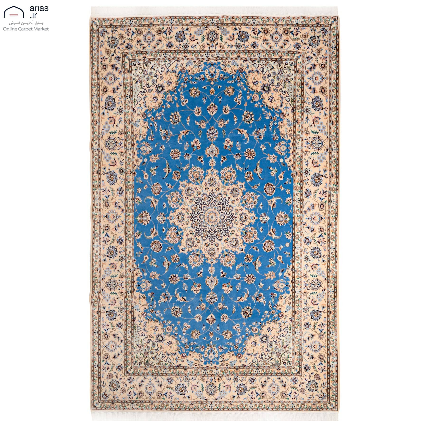فرش دستباف شش متری 6 لا طرح لچک ترنج چله نخ گل ابریشم زمینه آبی بافت نایین کد D02409N