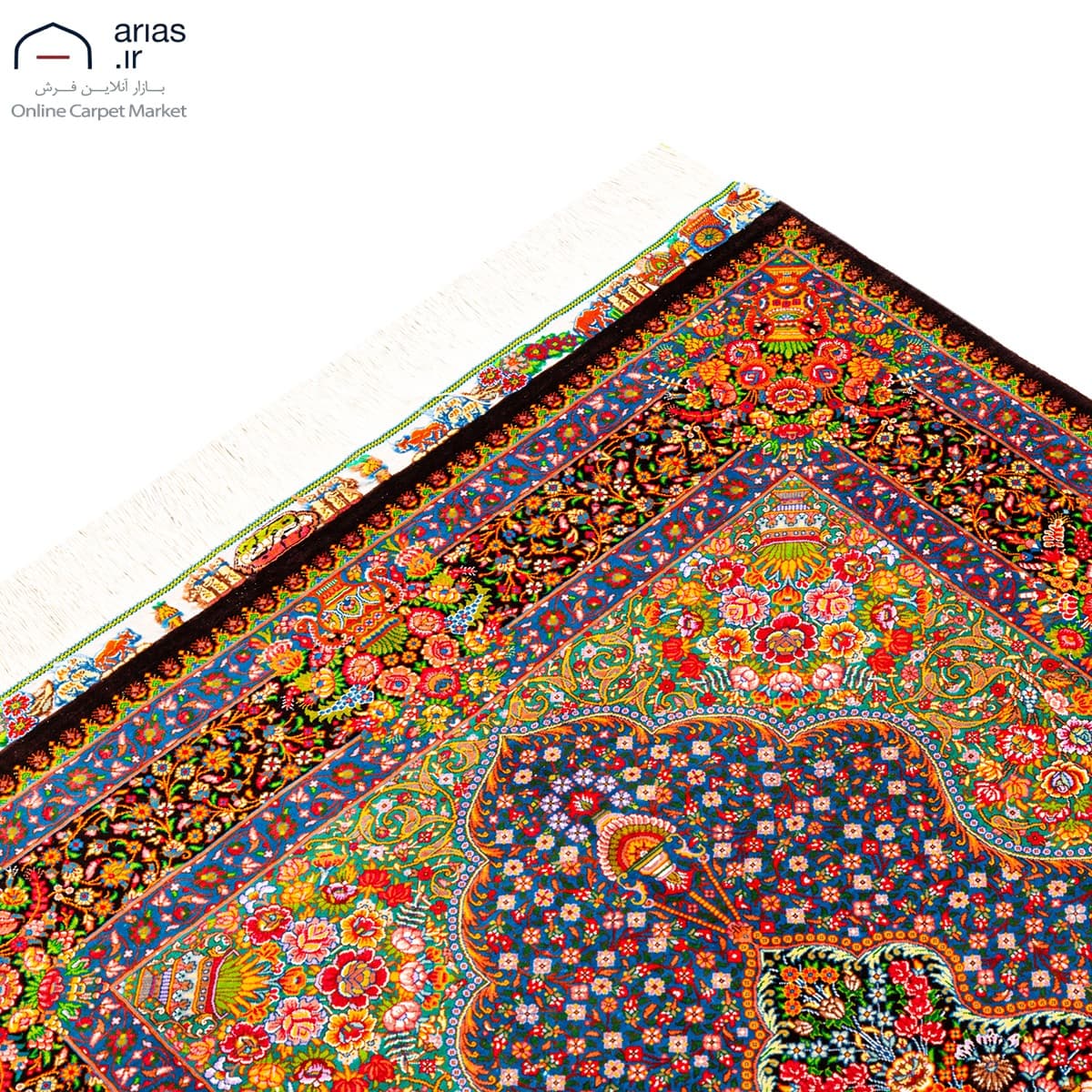 فرش دستباف ذرع و نیم ابریشم طرح ترنج غلط عربلو قم D02580G — تصویر ۶